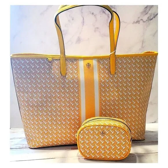 Tory Burch Bright Yellow Varsity Stripe T- Monogram Tote Bag